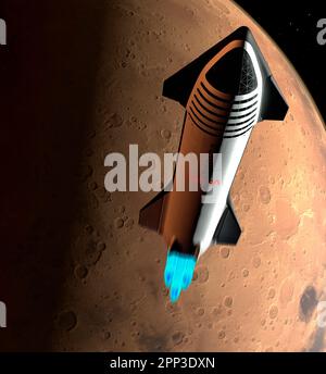 Artwork of Starship Above Mars Stock Photo