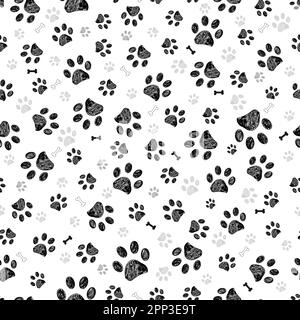 Black gray doodle paw prints and black bones. Seamless fabric design pattern Stock Vector