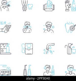 Tooth care linear icons set. Flossing, Brushing, Mouthwash, Gum, Dental, Tartar, Decay line vector and concept signs. Cavity,Whitening,Enamel outline Stock Vector