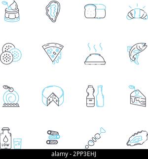 Boulangerie linear icons set. Croissant, Baguette, Patisserie, Tartelette, Pain, Chocolatine, ?clair line vector and concept signs. Cousant,Macaron Stock Vector