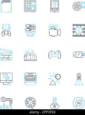 Communications sector linear icons set. Telecoms, Connectivity, Wireless, Broadband, Nerking, Data, VoIP line vector and concept signs. Satellite Stock Vector