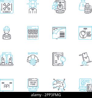 Algorithm Design linear icons set. Optimization, Computation, Complexity, Modeling, Heuristics, Algorithms, Data line vector and concept signs Stock Vector