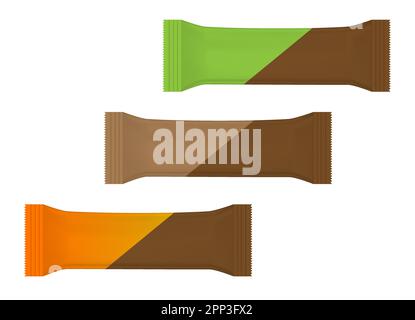 Blank stick pouches isolated on white background, vector mockup. Snack packaging wrapper, chocolate bar - template Stock Vector