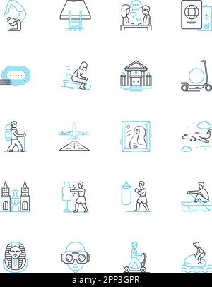 Fitness routine linear icons set. Flexibility, Endurance, Strength, Cardio, Agility, Power, Balance line vector and concept signs. Coordination,Core Stock Vector