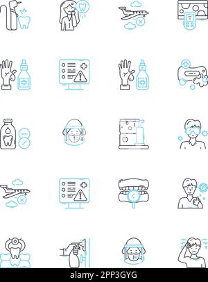 Tooth care linear icons set. Flossing, Brushing, Mouthwash, Gum, Dental, Tartar, Decay line vector and concept signs. Cavity,Whitening,Enamel outline Stock Vector