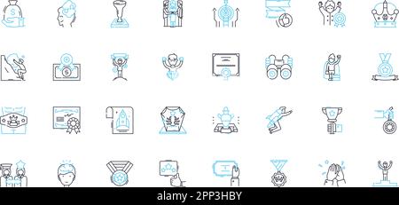 Gamifying linear icons set. Engagement, Motivation, Competition, Rewards, Challenge, Fun, Gamefication line vector and concept signs. Gaming Stock Vector