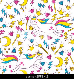 Vector pattern with pony unicorns, magic wand, crown and diamonds. Stock Vector