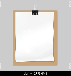 Crumpled blank white paper sheet attached by black binder clip to kraft board, mock-up Stock Vector