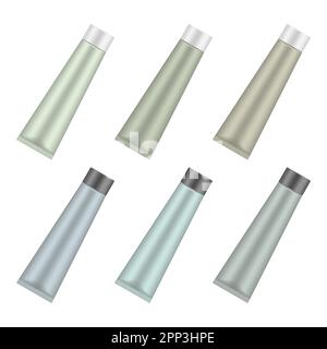 Blank colored squeeze tube container with screw cap isolated on white background, mock-up set. Beauty cosmetic product multi colored package, mockup Stock Vector