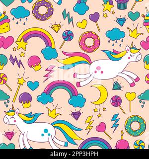 Vector bright pattern with unicorns, rainbows, moon, handouts, candies Stock Vector