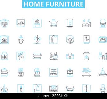Home Furniture linear icons set. Couch, Sofa, Bed, Chair, Table, Cabinet, Ottoman line vector and concept signs. Recliner,Mattress,Desk outline Stock Vector