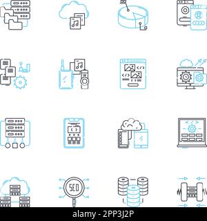 Predictive analytics linear icons set. Forecasting, Data-driven, Machine learning, Modeling, Insights, Algorithms, Optimization line vector and Stock Vector