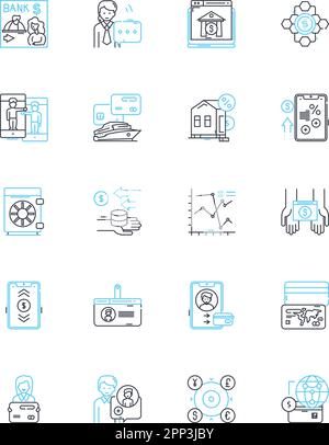 Fintech linear icons set. Cryptocurrency, Blockchain, Payments, Insurtech, Lending, Robo-advisors, Crowdfunding line vector and concept signs Stock Vector