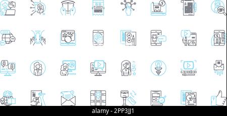 Electronic content linear icons set. Digital, Multimedia, Interactive, Online, Virtual, Downloadable, Animated line vector and concept signs Stock Vector