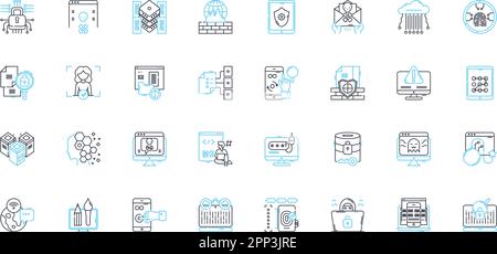 Information safety linear icons set. Encryption, Firewall, Malware, Authentication, Privacy, Cybersecurity, Phishing line vector and concept signs Stock Vector