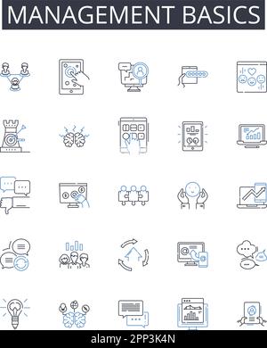 Management basics line icons collection. Financial literacy, Marketing strategies, Advertising techniques, Corporate policies, Budgeting skills, Time Stock Vector