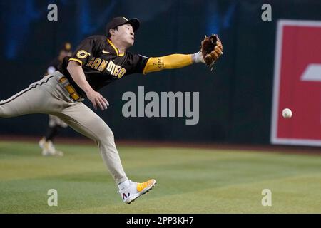 Arizona Diamondbacks' Gabriel Moreno hits against the Milwaukee Brewers  during the fourth inning of a baseball game, Monday, April 10, 2023, in  Phoenix. (AP Photo/Matt York Stock Photo - Alamy