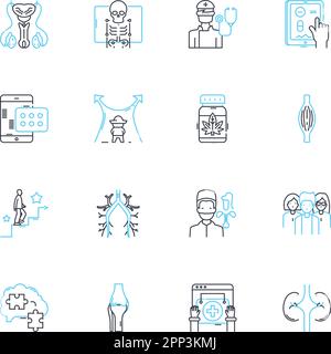 Hypnotherapy linear icons set. Relaxation, Suggestion, Trance, Mindfulness, Visualization, Rejuvenation, Empowerment line vector and concept signs Stock Vector