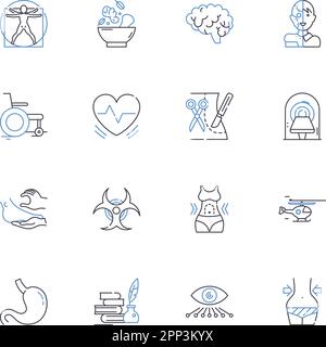 Physical therapy line icons collection. Rehabilitation, Mobility, Strengthening, Flexibility, Exercise, Injury, Recovery vector and linear Stock Vector