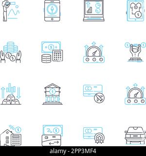 Investment market linear icons set. Diversification, Portfolio, Volatility, Returns, Assets, Securities, Bonds line vector and concept signs Stock Vector