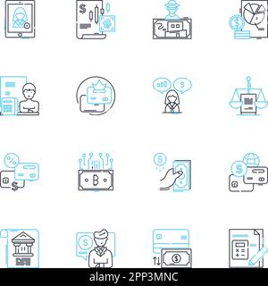 Payroll management linear icons set. Wages, Taxes, Deductions, Compensation, Payroll software, Benefits, Compliance line vector and concept signs Stock Vector