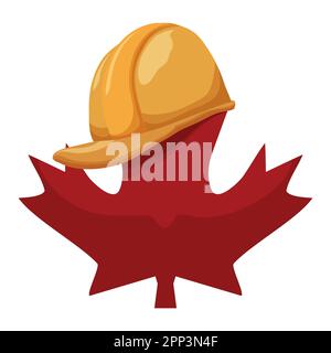 Canadian red maple leaf with yellow hard hat on top. Cartoon style design on white background. Stock Vector