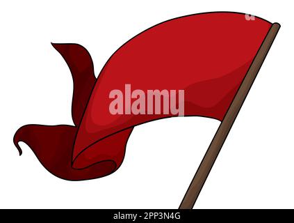 Waving long red ribbon with wooden flagpole. Template design in cartoon style on white background. Stock Vector
