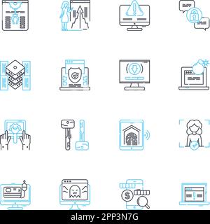 Online security linear icons set. Encryption, Firewall, VPN, Malware, Cybercrime, Phishing, Two-factor line vector and concept signs. Authentication Stock Vector