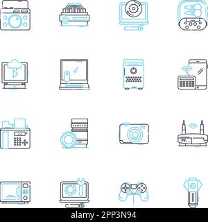 Equipment support linear icons set. Maintenance, Repair, Upkeep, Assistance, Service, Assistance, Compliance line vector and concept signs. Inspection Stock Vector