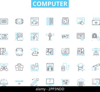 Computer linear icons set. Keyboard, Screen, Mouse, Software, Hardware, Processor, Memory line vector and concept signs. Storage,Internet,Nerking Stock Vector