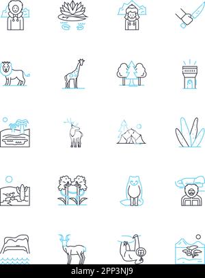 Ecosystem linear icons set. Biodiversity, Sustainability, Habitat, Species, Resilience, Interdependence, Niche line vector and concept signs. Biomass Stock Vector