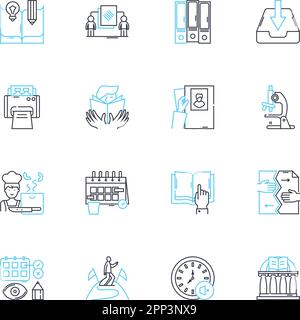 Internet university linear icons set. E-learning, Cybercampus, Distance education, Virtual classrooms, Online lectures, Webinars, Internet-based Stock Vector