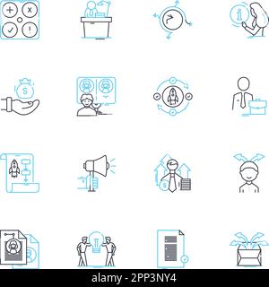 Brand unveiling linear icons set. Launch, Reveal, Debut, Introduction, Premire, Unveiling, Presentation line vector and concept signs. Exposition Stock Vector