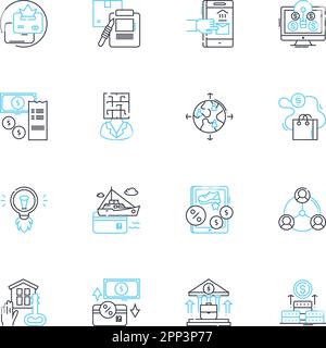 Small business loans linear icons set. Funding, Capital, Finance, Credit, Lending, Borrowing, Investment line vector and concept signs. Relief,Support Stock Vector