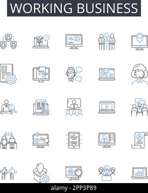 Working business line icons collection. Running company, Busy office, Operational enterprise, Functioning corporation, Productive workplace Stock Vector