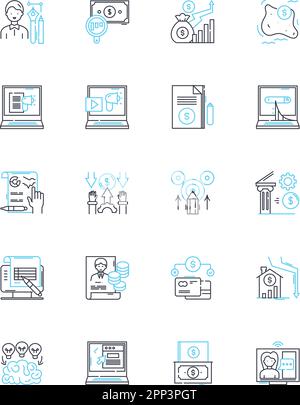 Stock trading linear icons set. Shares, Investment, Market, Trading, Equity, Bull, Bear line vector and concept signs. Portfolio,Dividend,Risk outline Stock Vector