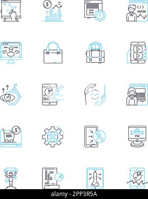 Advertising strategies linear icons set. Branding, Messaging, Communication, Targeting, Engagement, Promotion, Awareness line vector and concept signs Stock Vector