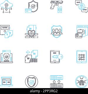 Nerk protection linear icons set. Security, Firewall, Encryption, Privacy, Defense, Shielding, Antivirus line vector and concept signs. Safety Stock Vector