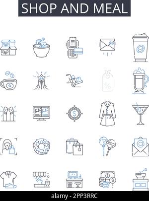 Shop and meal line icons collection. hop, Store, Boutique, Market, Emporium, Outlet, Establishment vector and linear illustration. Bazaar,Mart Stock Vector