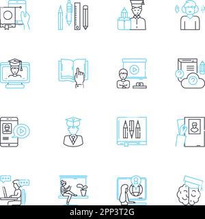 Cyber schooling linear icons set. Virtual, Online, Distance, E-learning, Remote, Digital, Web-based line vector and concept signs. Electronic,Home Stock Vector