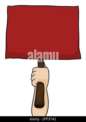 Template with empty red sign with wooden handle, held by a hand. Cartoon style design. Stock Vector