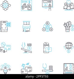 Alternative finance linear icons set. Crowdfunding, Peer-to-peer lending, Cryptocurrency, Microfinance, Asset-based lending, Invoice financing, Angel Stock Vector