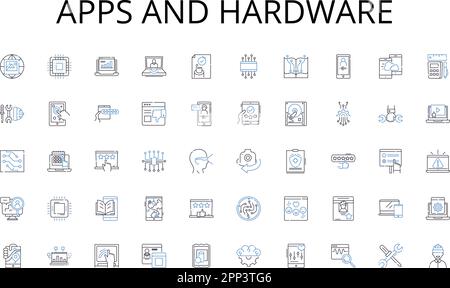 Apps and hardware line icons collection. Robotics, Automation, Machine learning, Virtual reality, Augmented reality, Neural nerks, Deep learning Stock Vector