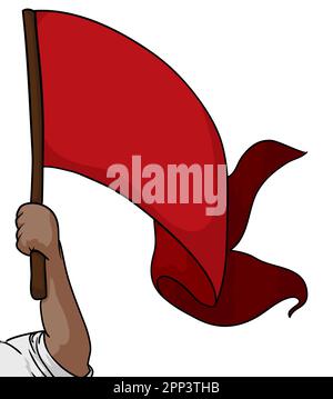Sleeve rolled up and dark-skinned arm holding a wooden flagpole and long red cloth. Template in cartoon style. Stock Vector