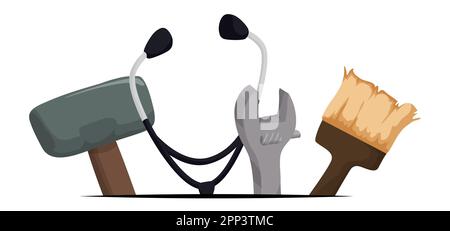 Set of tools in cartoon style coming out of a line in the bottom: hammer, stethoscope, adjustable wrench and paintbrush. Cartoon style design. Stock Vector
