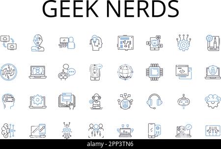 Geek nerds line icons collection. Brainiacs, Savants, Technophiles, Intellects, Cognoscenti, Brainy bunch, Know-it-alls vector and linear illustration Stock Vector