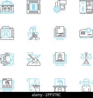 Academic pursuit linear icons set. Learning, Education, Research, Scholarship, Study, Curriculum, Instruction line vector and concept signs. Pedagogy Stock Vector