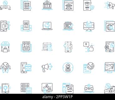 Shop online linear icons set. Convenience, Accessibility, Diversity, Availability, Savings, Reliability, Speed line vector and concept signs. Security Stock Vector