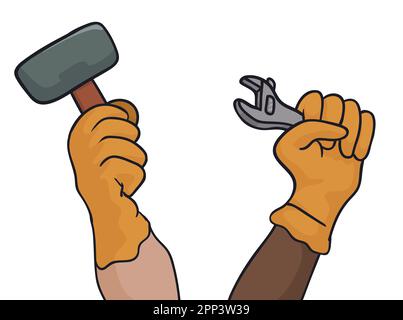 Set with two workers' arms, one with a hammer and the other with an adjustable wrench. Cartoon style design on white background. Stock Vector