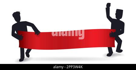 Men holding an empty red banner while one of them protests with raised fist. Template design in silhouettes and gradient effect. Stock Vector